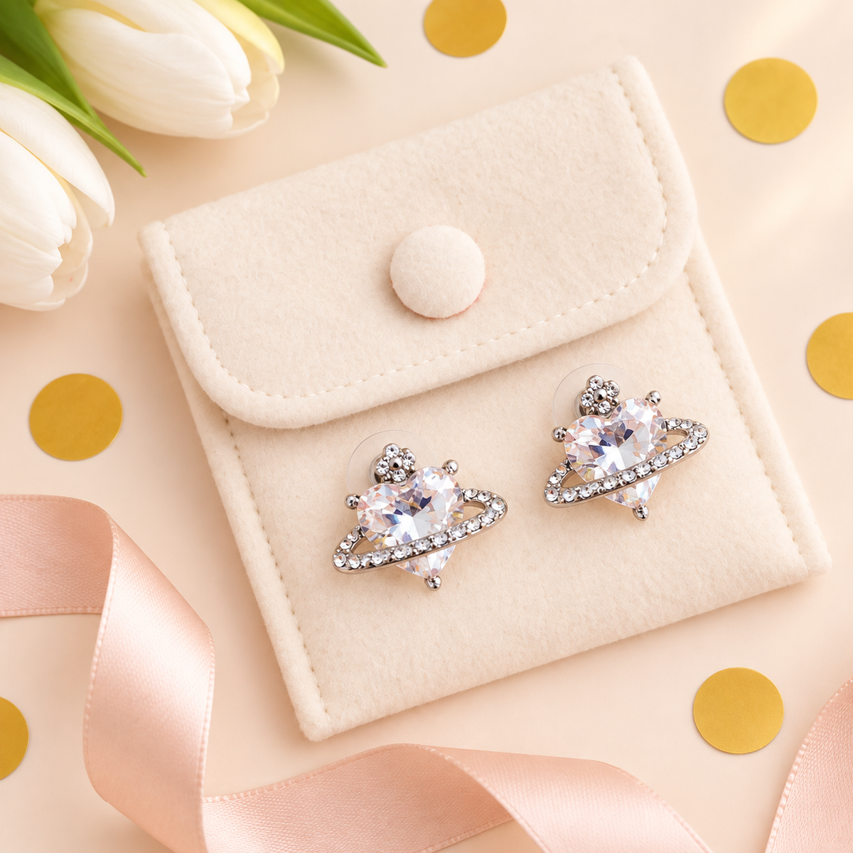 A pair of silver-toned planet stud earrings with clear heart-shaped crystals and rhinestone rings, displayed on a cream fabric pouch with decorative tulips, gold confetti, and a pink ribbon.