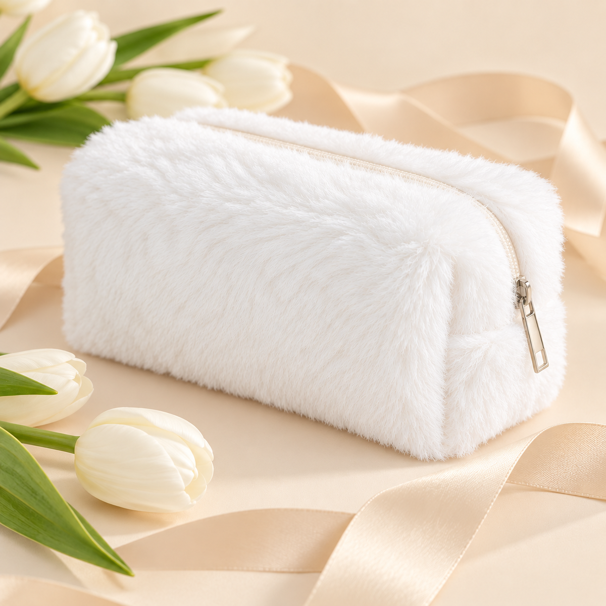 A fluffy white faux-fur zip pouch or cosmetic bag placed on a soft beige surface with satin ribbon and white tulips around it.