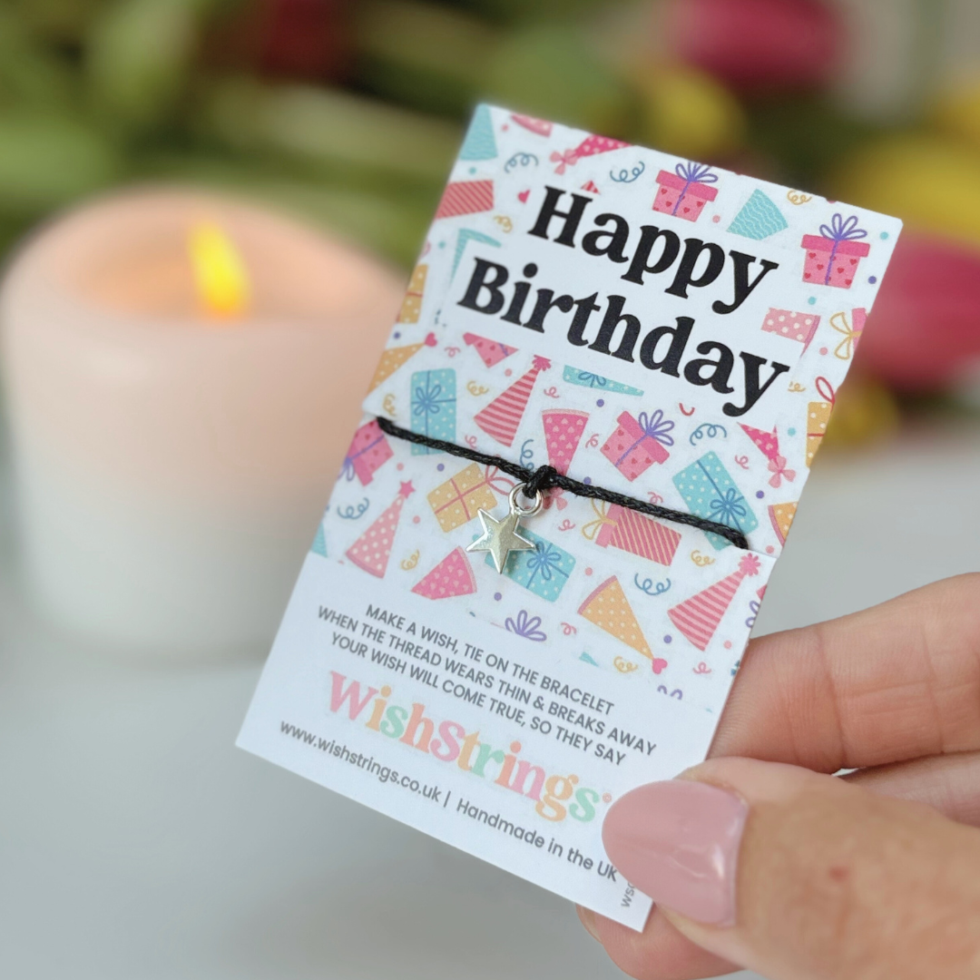 Happy Birthday Wish Bracelet – Silver Star Charm on Black Cord