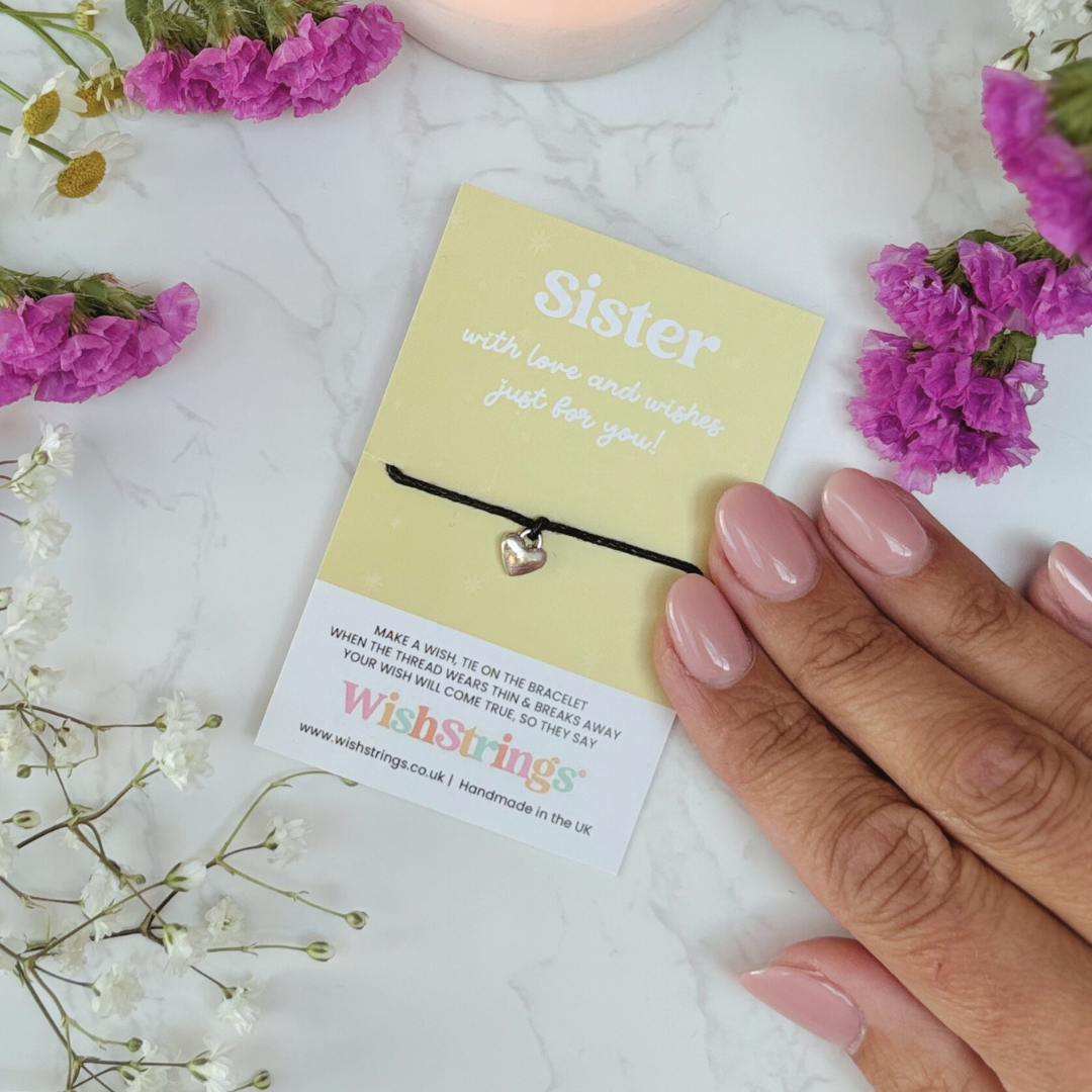 Sister Wish Bracelet – Silver Heart Charm on Black Cord