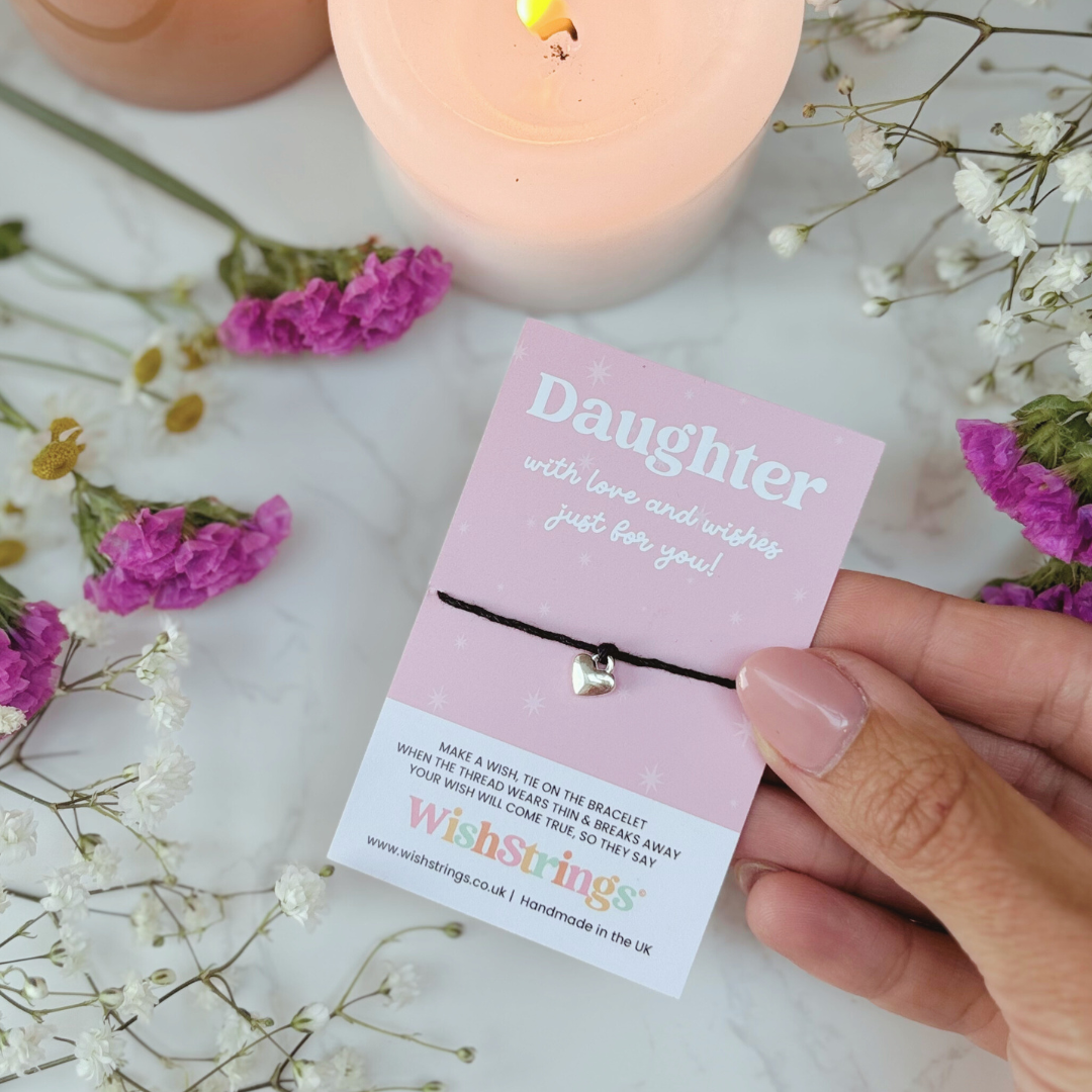 Daughter Wish Bracelet – Silver Heart Charm on Black Cord