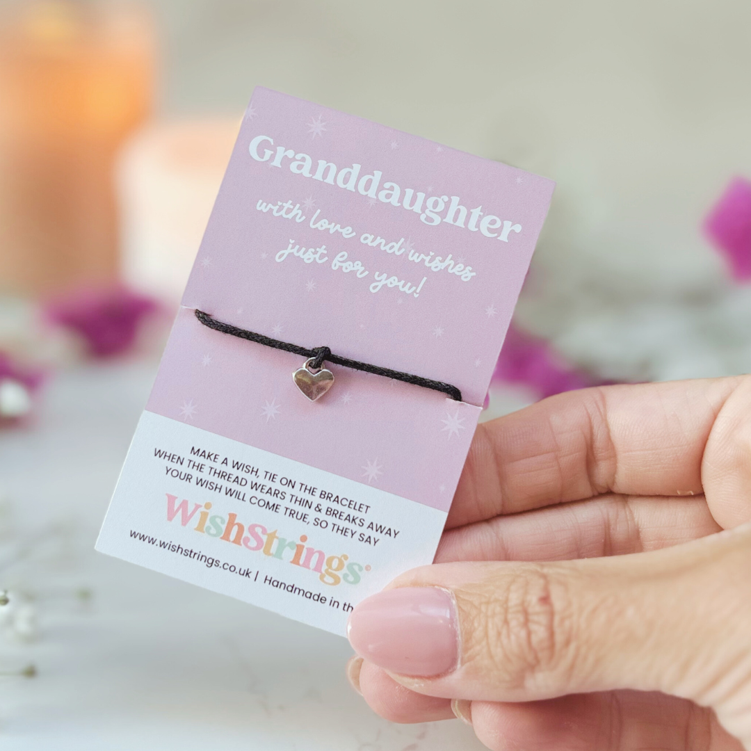 Granddaughter Wish Bracelet – Silver Heart Charm on Black Cord
