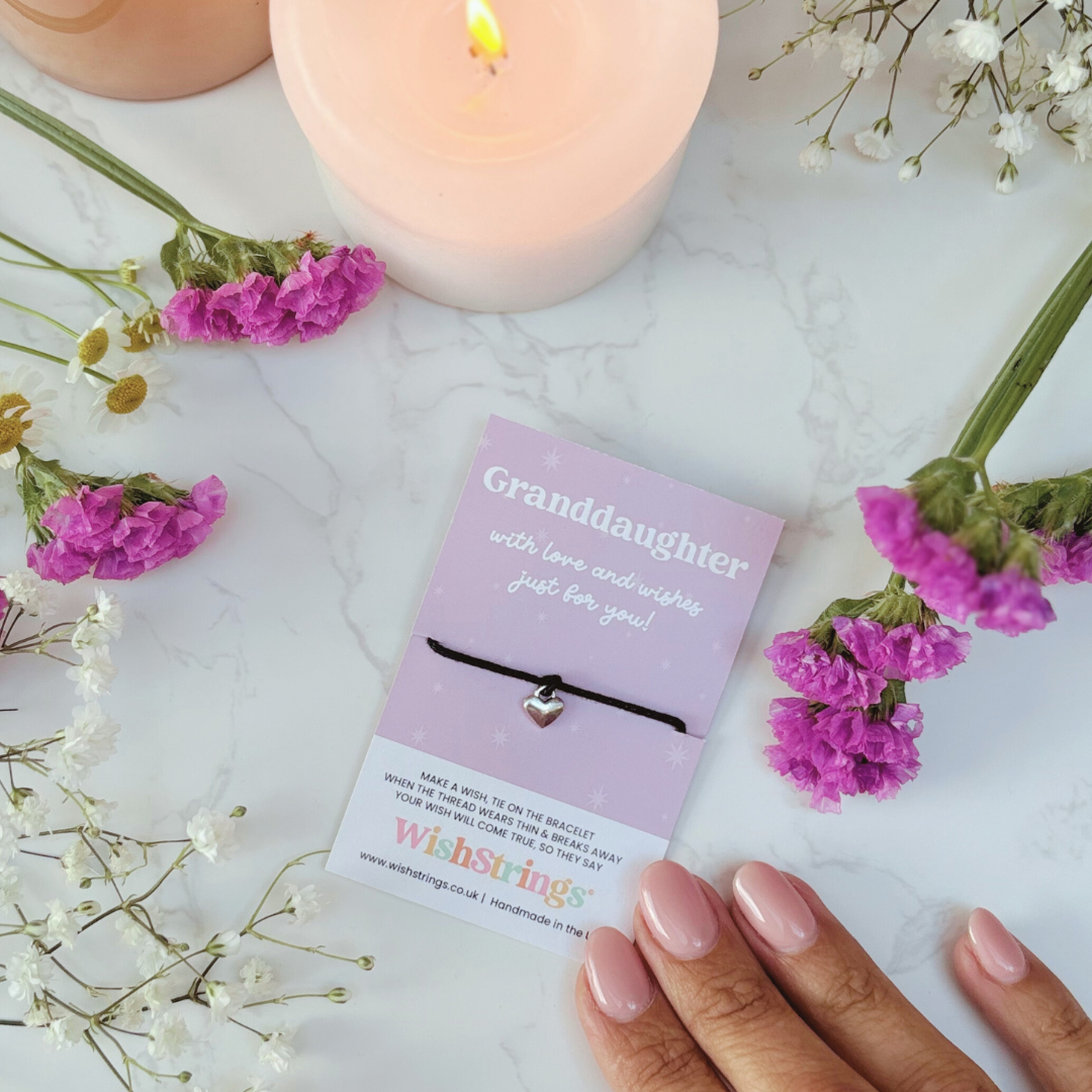 Granddaughter Wish Bracelet – Silver Heart Charm on Black Cord