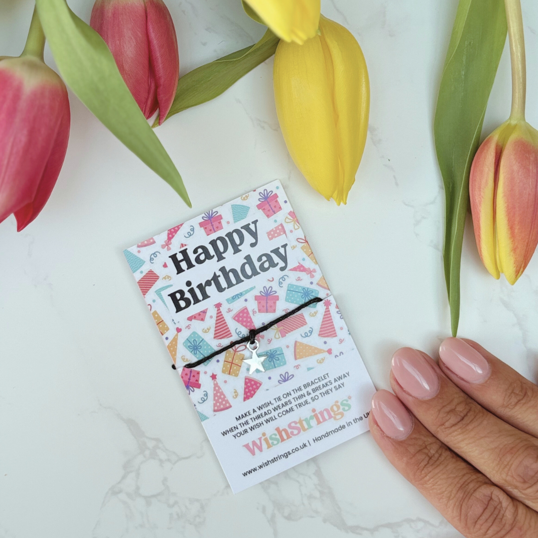 Happy Birthday Wish Bracelet – Silver Star Charm on Black Cord