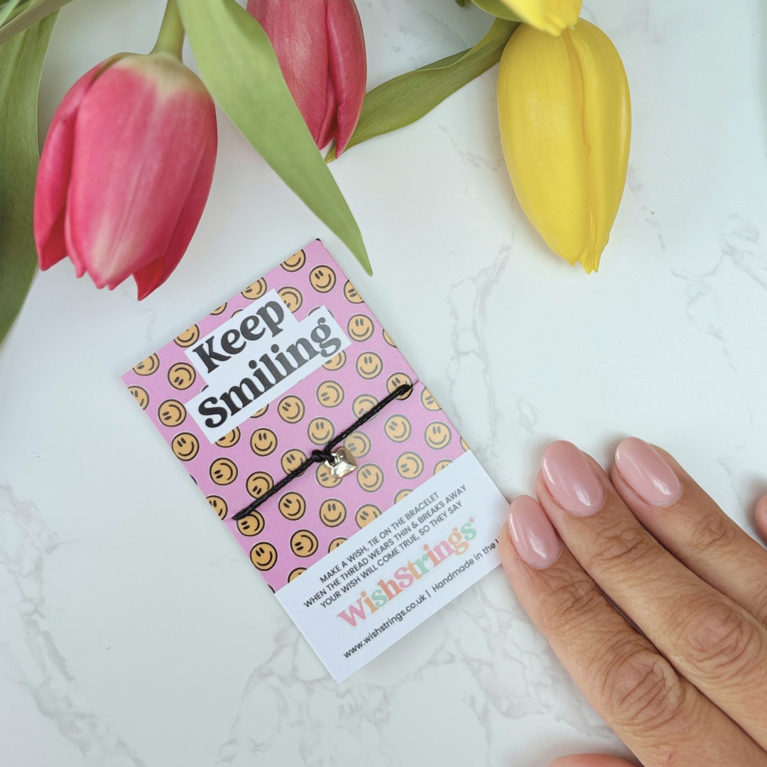 Keep Smiling Wish Bracelet – Silver Heart Charm on Black Cord