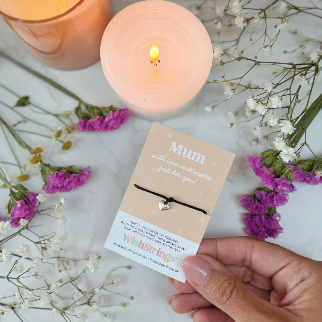 Mum Wish Bracelet – Silver Heart Charm on Black Cord