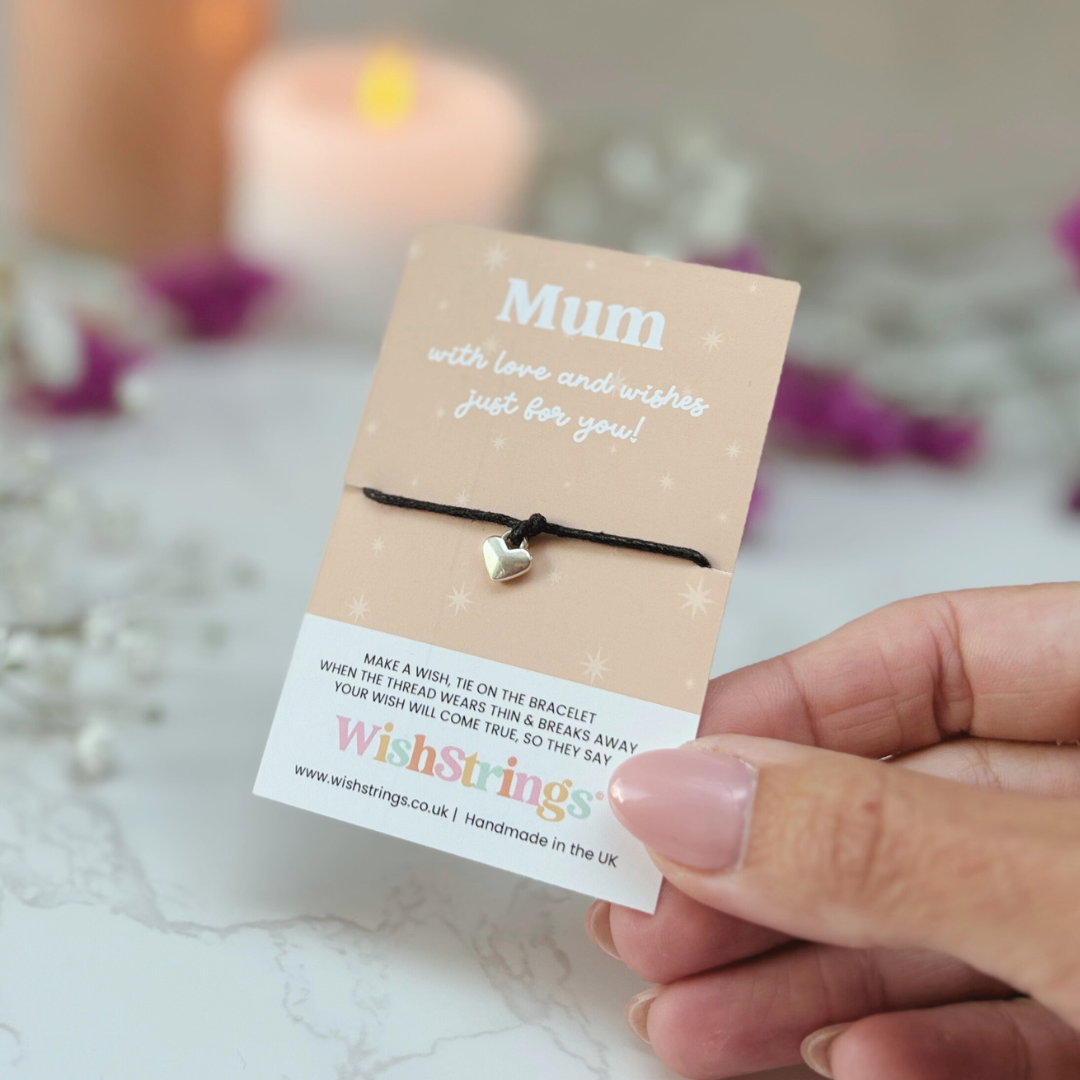 Mum Wish Bracelet – Silver Heart Charm on Black Cord