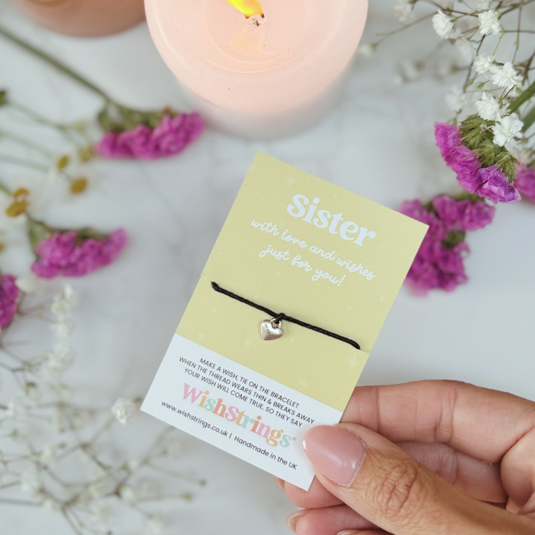 Sister Wish Bracelet – Silver Heart Charm on Black Cord