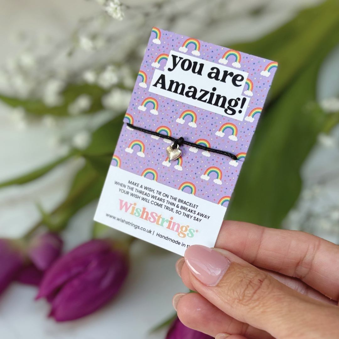 You Are Amazing Wish Bracelet – Silver Heart Charm on Black Cord