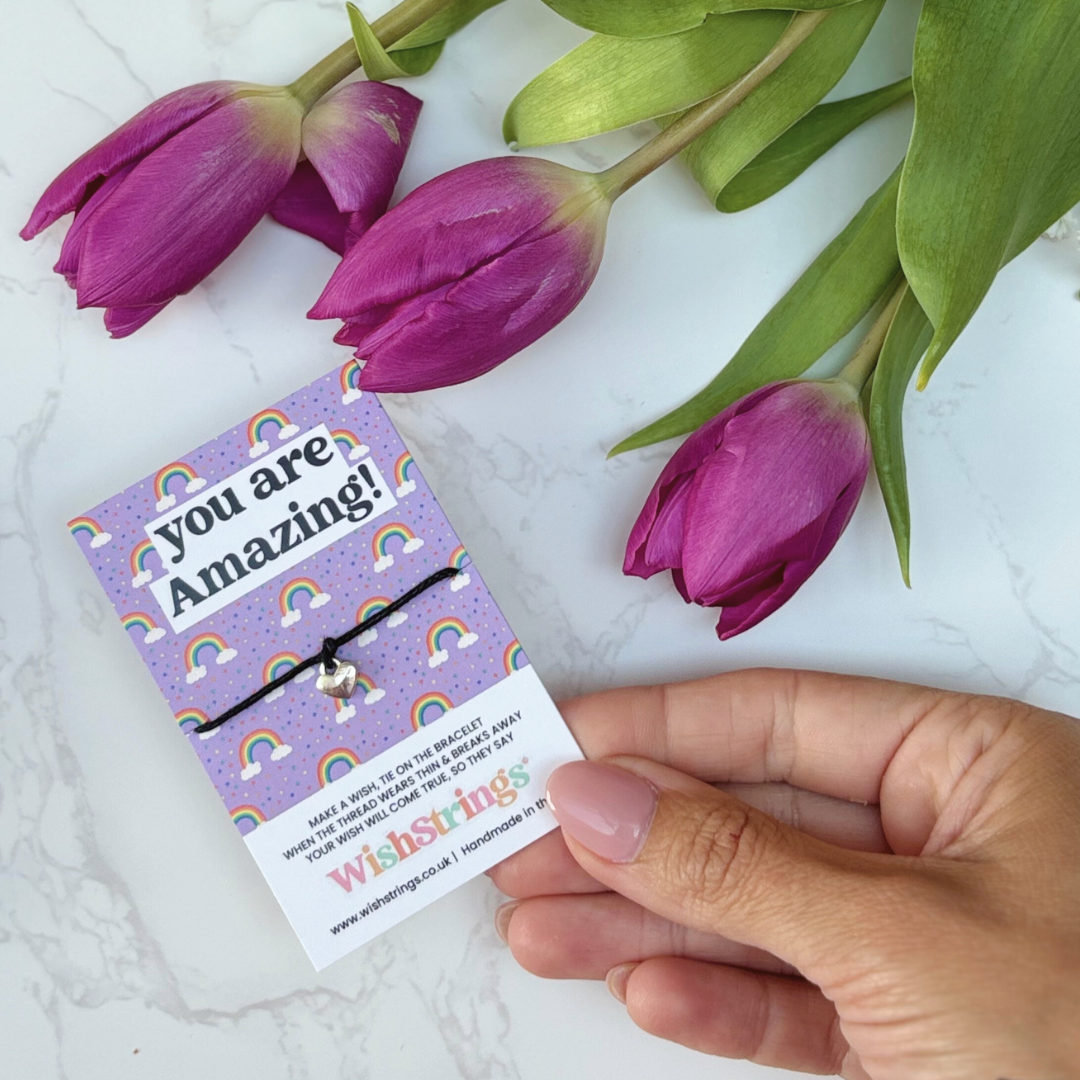 You Are Amazing Wish Bracelet – Silver Heart Charm on Black Cord