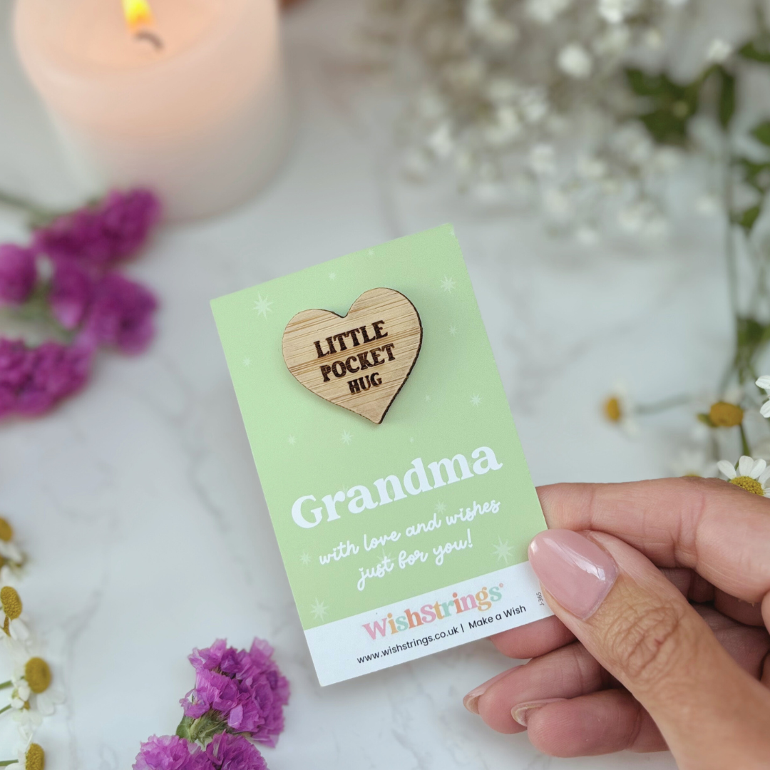 Grandma Little Pocket Hug β Sustainable Bamboo Heart Token on Card