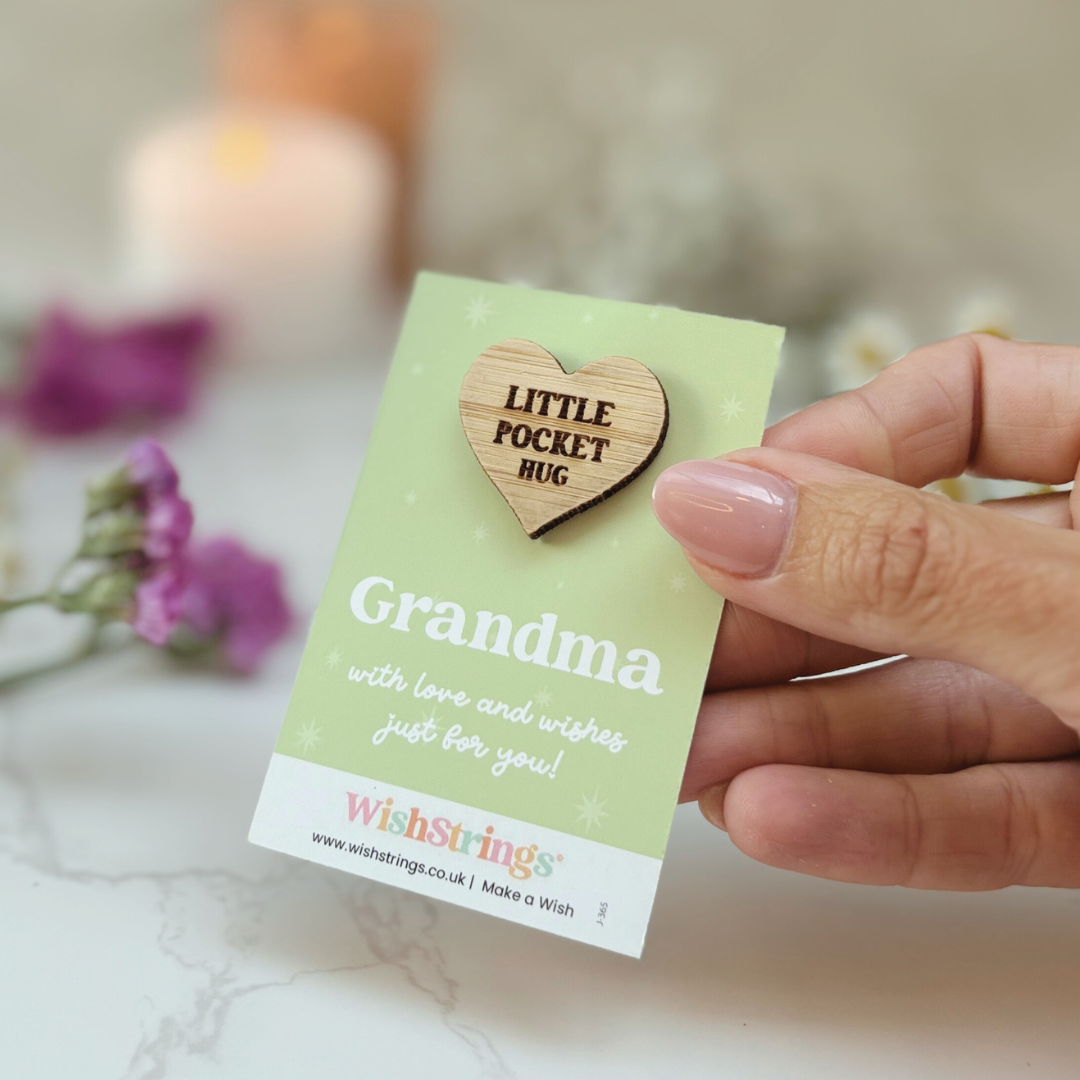 Grandma Little Pocket Hug β Sustainable Bamboo Heart Token on Card