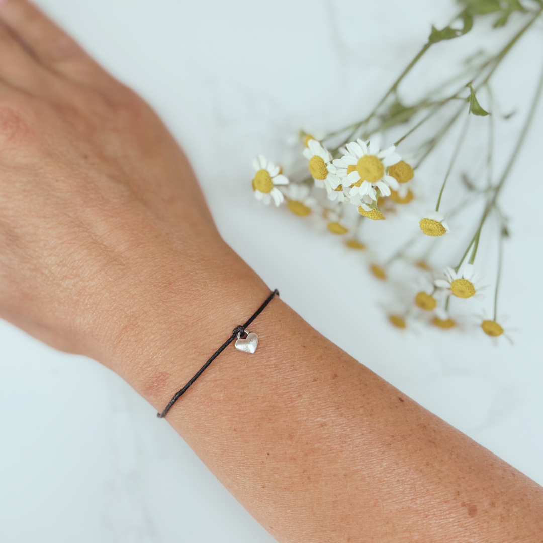 Thinking of You Wish Bracelet – Silver Heart Charm on Black Cord