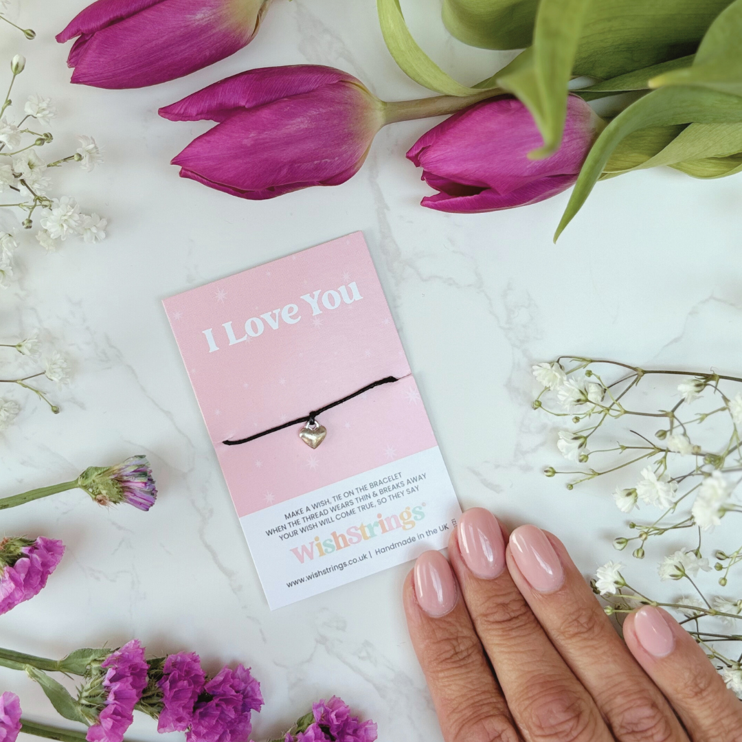 I Love You Wish Bracelet – Silver Heart Charm on Black Cord