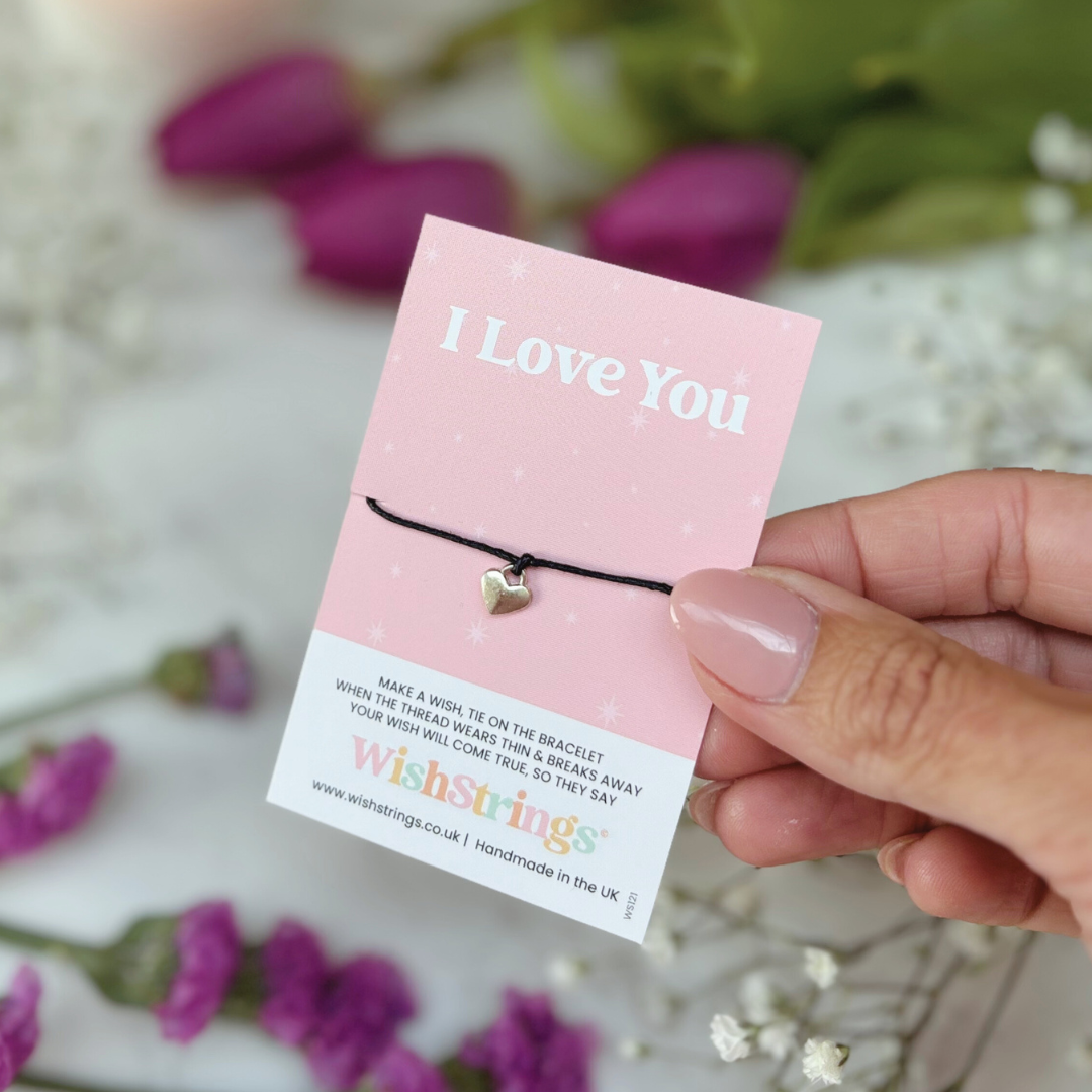 I Love You Wish Bracelet – Silver Heart Charm on Black Cord