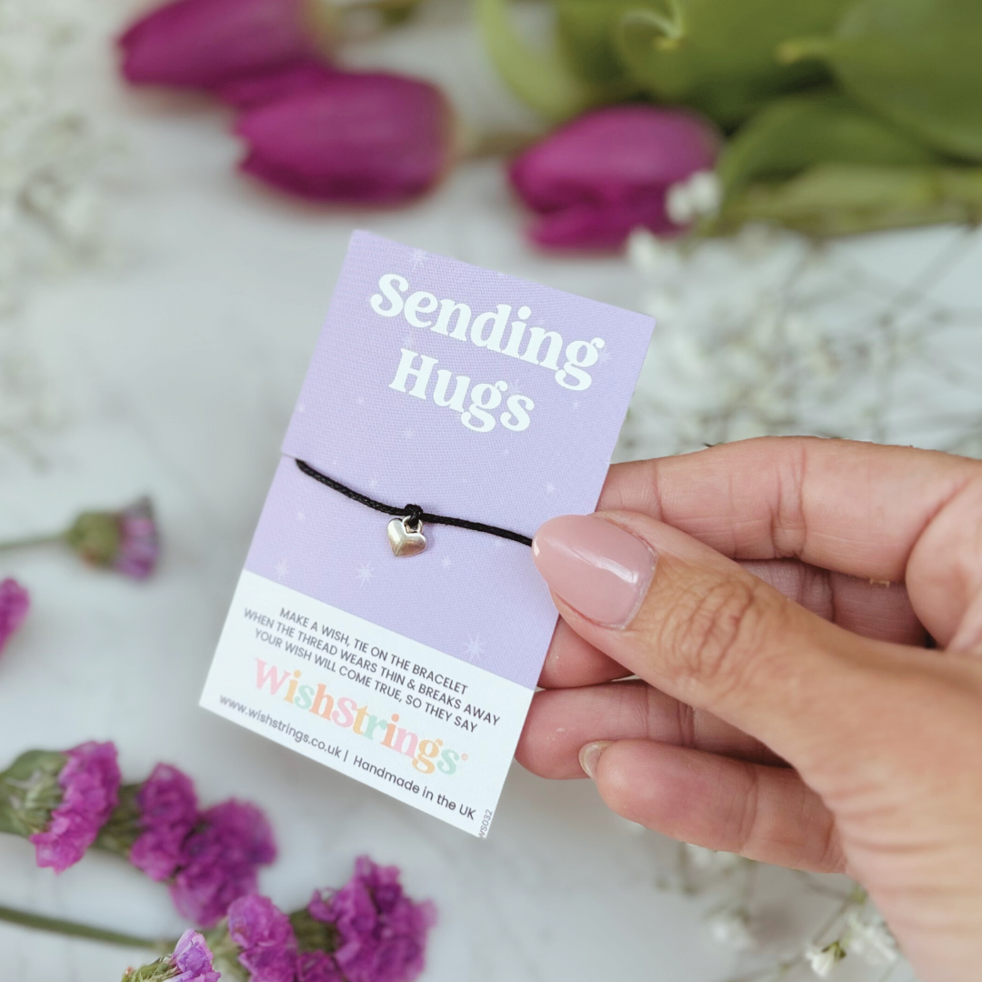 Sending Hugs Wish Bracelet – Silver Heart Charm on Black Cord