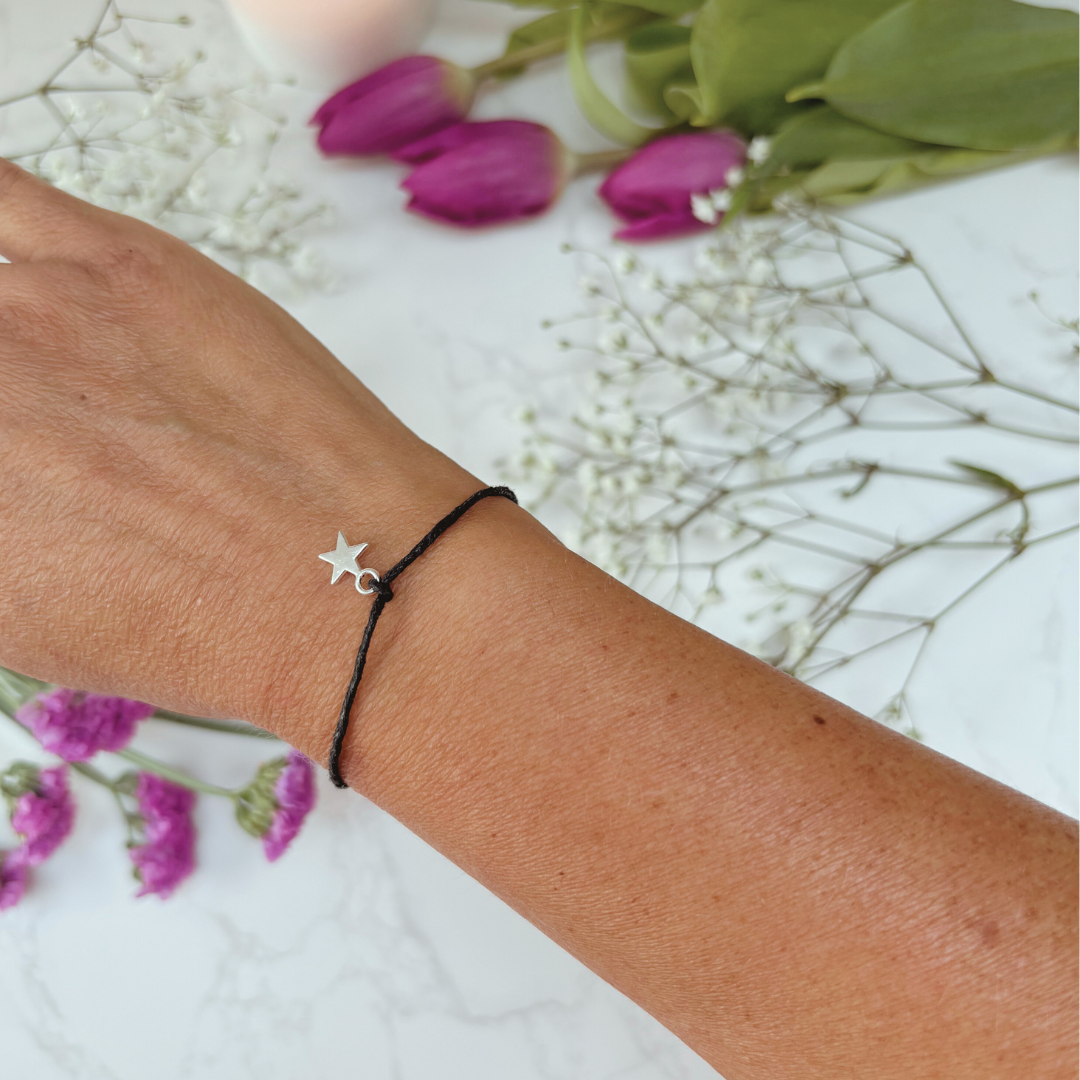 Thank You Wish Bracelet – Silver Star Charm on Black Cord