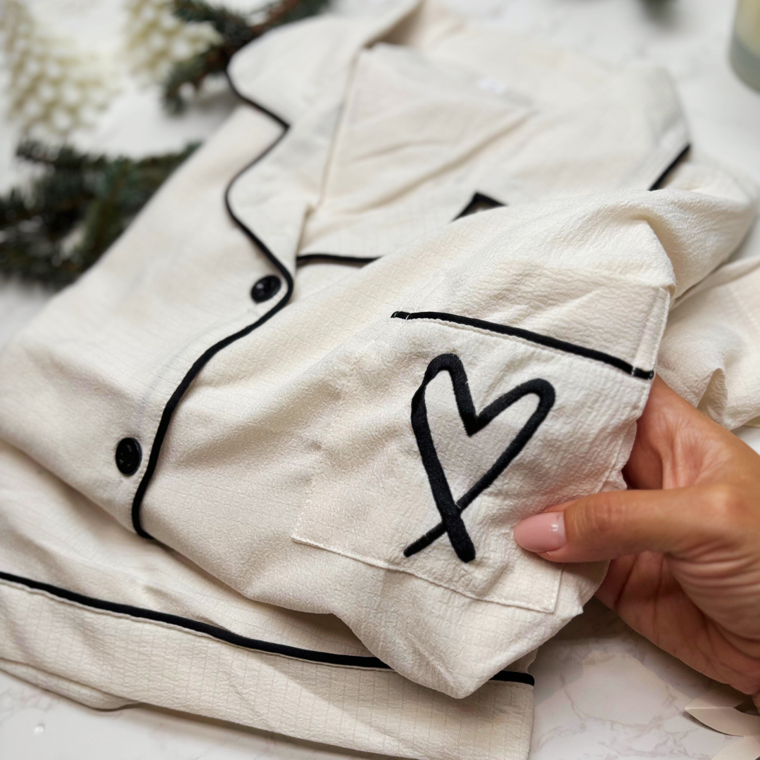 Luxury Monochrome Pyjamas Gift Box – Chic Cream Christmas PJ Set with Eye Mask &amp; Satin Bow