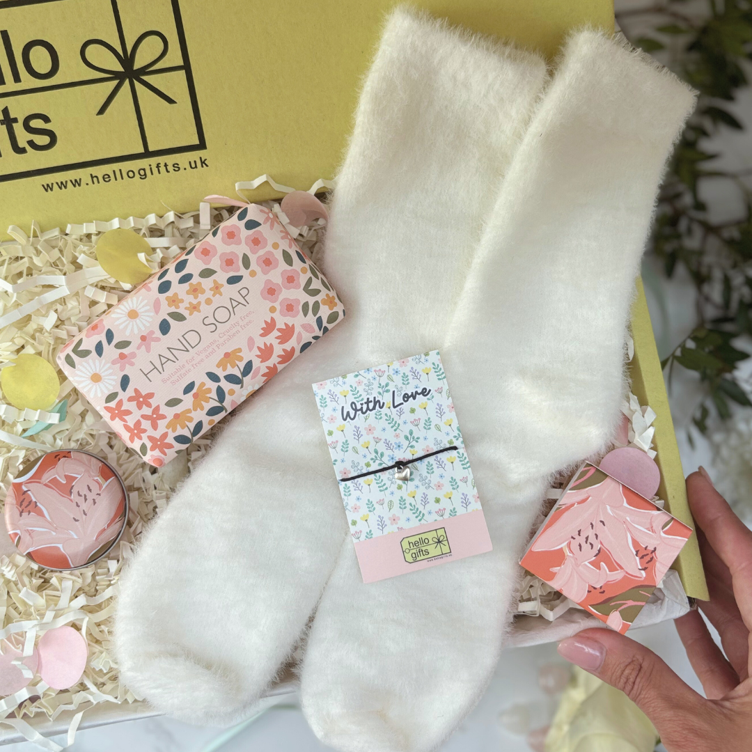 With Love – A Cosy Gift Box For Her – Socks, Soap, Lip Balm And Bracelet Gift Set – Ideal For Birthday, Thanks Or Just Because