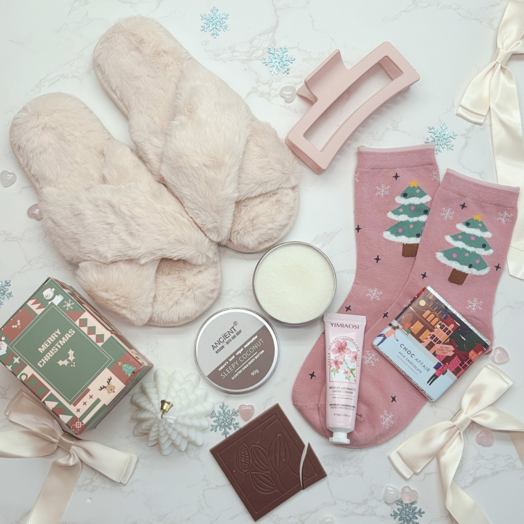 Luxury Winter Wellness Gift Box – Pamper Set with Slippers, Candle &amp; Skincare for Her