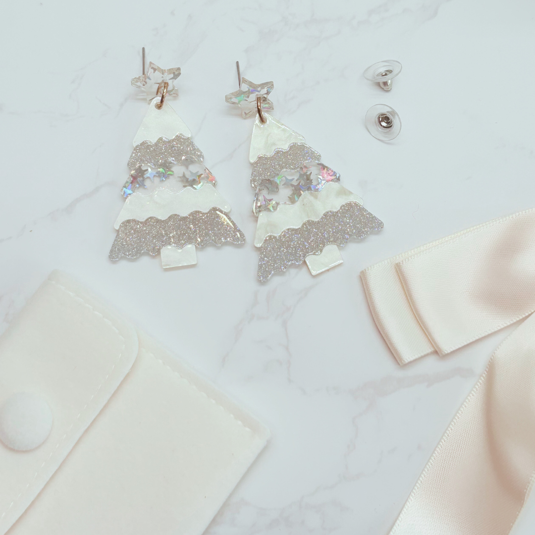 Christmas Tree earring in silver and white sparkle