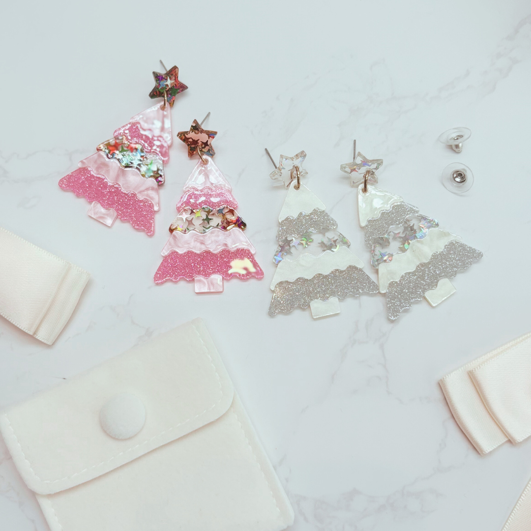 Pink Glitter Christmas Tree Earrings – Festive Jewellery in Velvet Pouch LIMITED EDITION