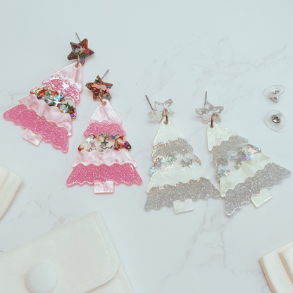 Pink Glitter Christmas Tree Earrings – Festive Jewellery in Velvet Pouch LIMITED EDITION