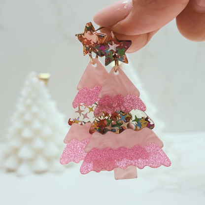 Pink Glitter Christmas Tree Earrings – Festive Jewellery in Velvet Pouch LIMITED EDITION