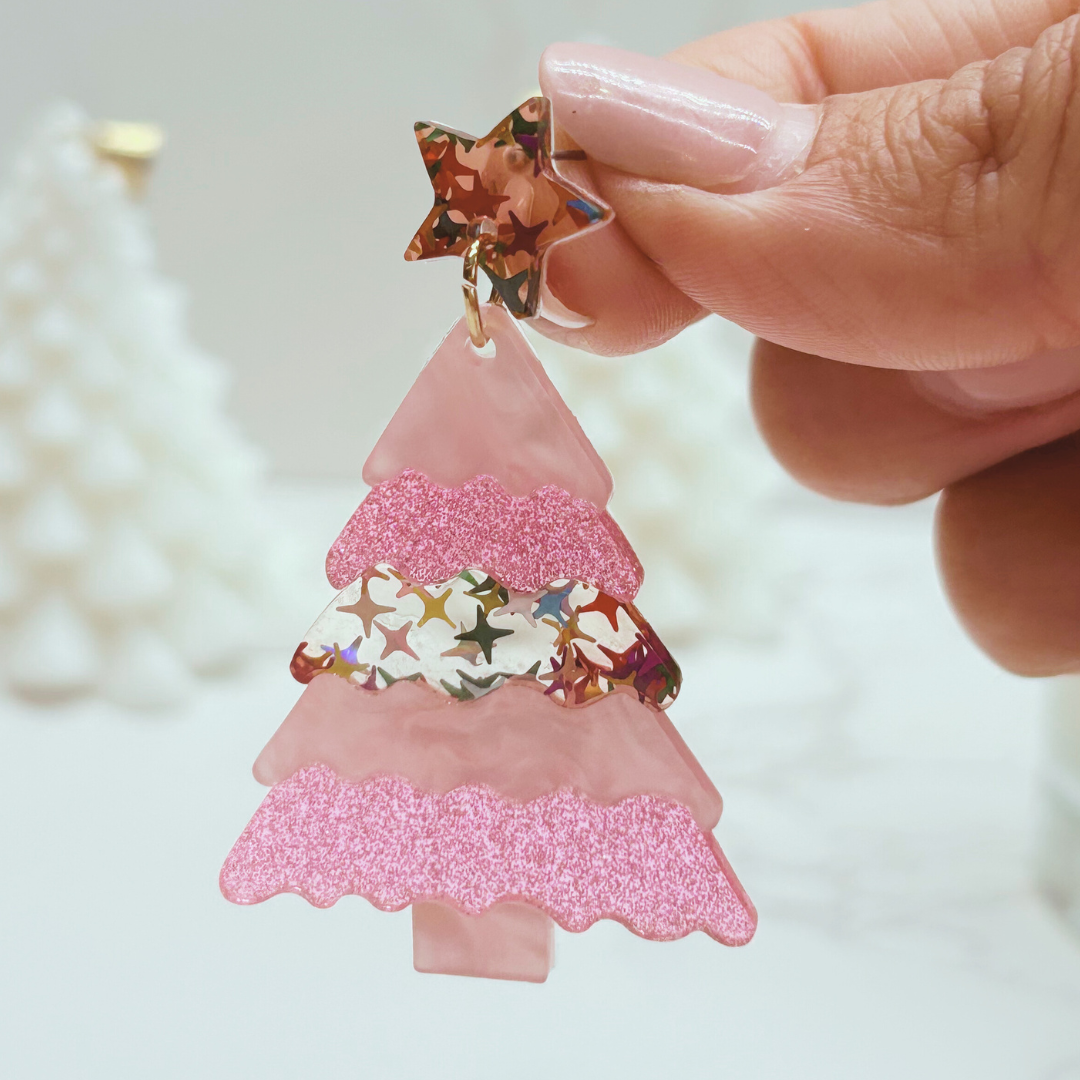 Pink Glitter Christmas Tree Earrings – Festive Jewellery in Velvet Pouch LIMITED EDITION
