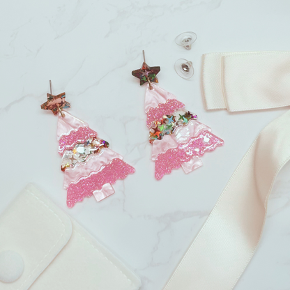 Pink Glitter Christmas Tree Earrings – Festive Jewellery in Velvet Pouch LIMITED EDITION
